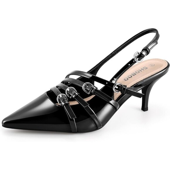 Slingback Kitten Heels for Women Black Polyurethane Multi-Buckle Shoes - Picture 1 of 7